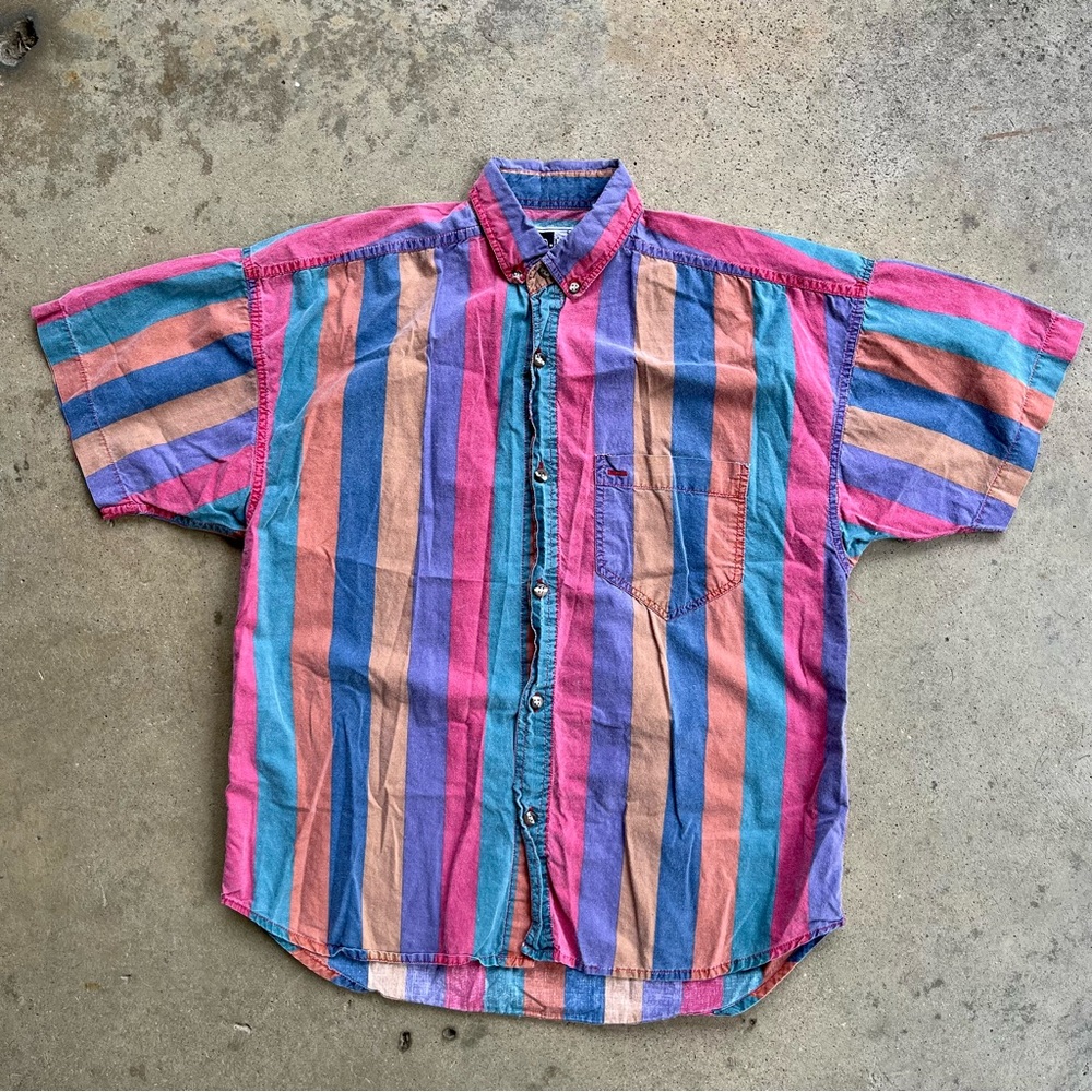 Vintage Ad-Hoc Striped Short Sleeve Button Down Shirt Medium